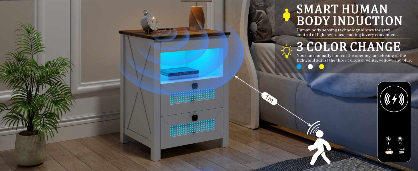 Living room end tables with LED light and smart human sensor