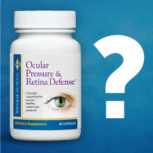 Bottle of Ocular Pressure Retina Defense beside question mark