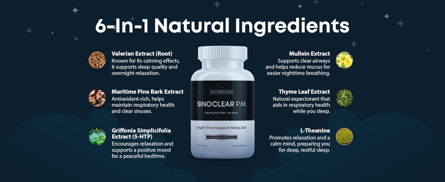 6 natural ingredients in SinoClear PM for sinus relief, mucus clearance, and better breathing