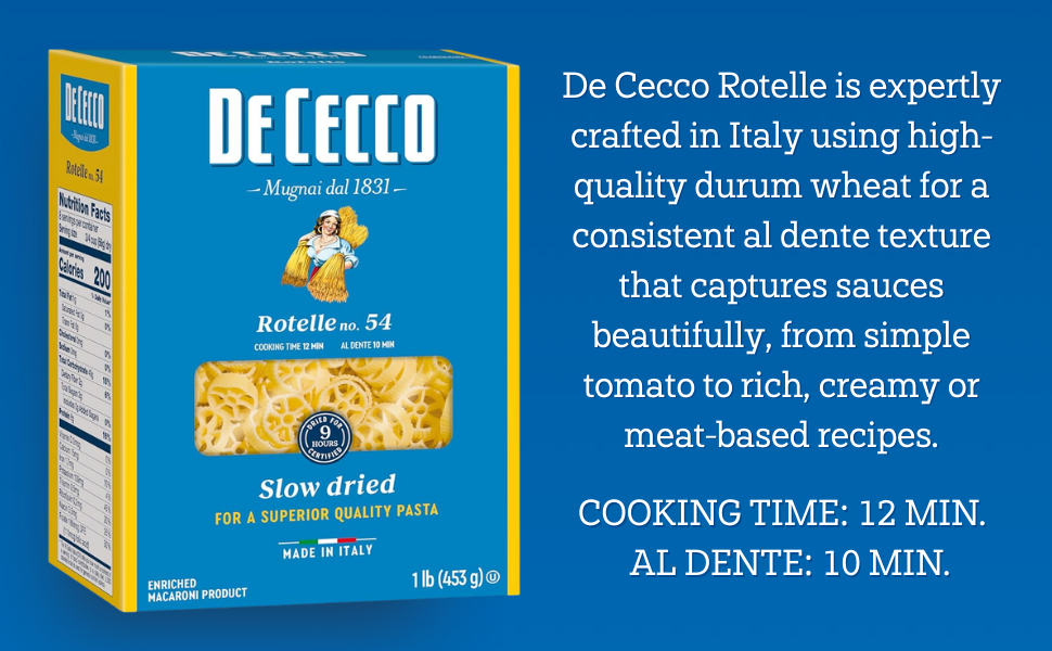 De Cecco Rotelle is expertly crafted in Italy using high-quality durum wheat for a consistent