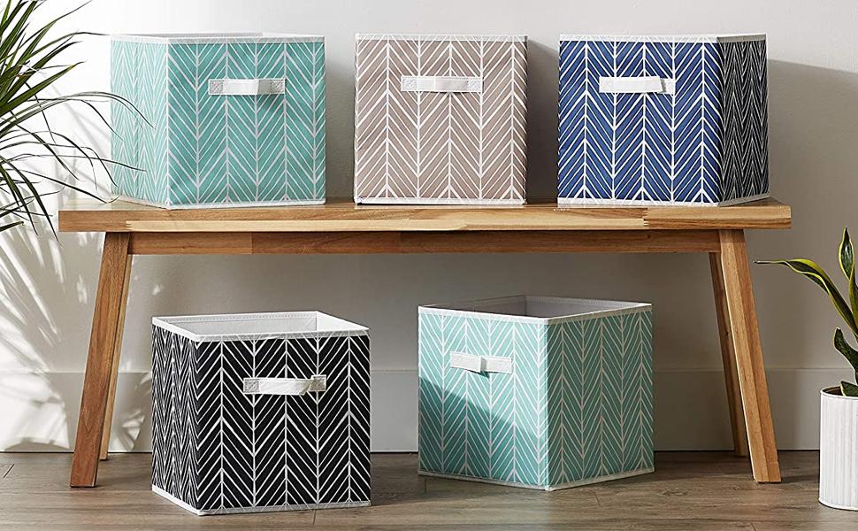 Collection of Non Woven Storage Cubes In Various Colors on Bench