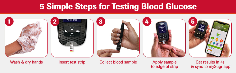 Test blood sugar in 5 easy steps. Wash hands, collect &amp;amp; test sample, see results &amp;amp; sync to mySugr