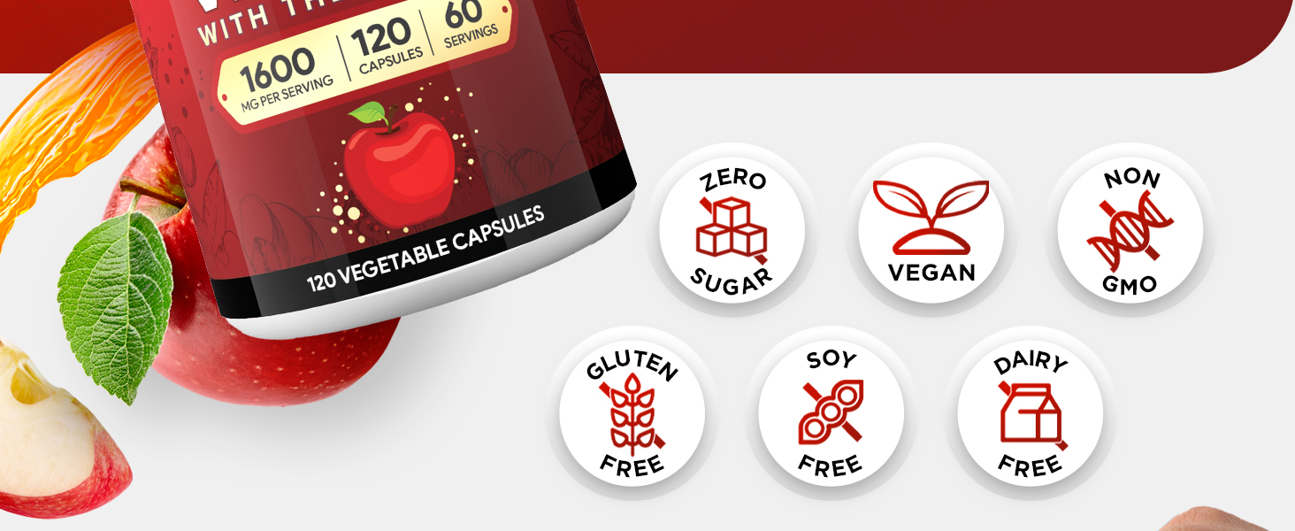 Nutrivein Apple Cider Vinegar Capsules. No sugar, gluten, soy, dairy, gmo. Vegan.