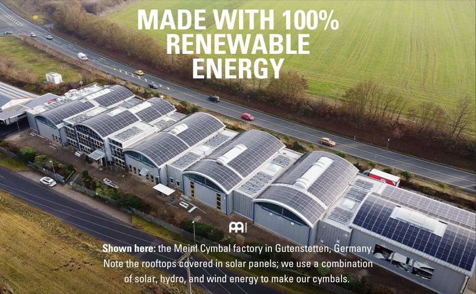 Aerial photograph of Meinl cymbal factory in Germany. Rooftop covered in solar panels.
