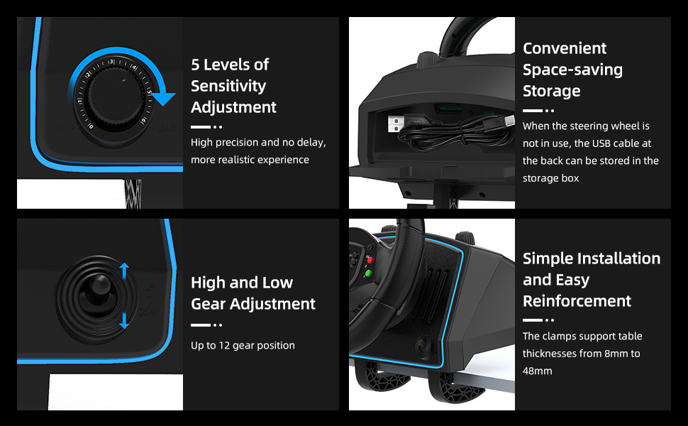 Gaming wheel controller with adjustable sensitivity, gear settings, and foldable design for storage. Features include 5 sensitivity levels, high/low gear adjustment, and easy installation with clamps.