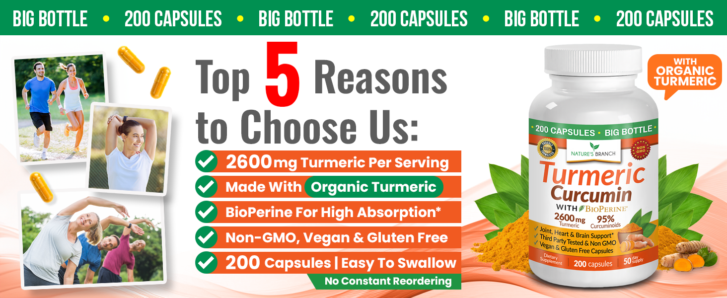 organic turmeric curcumin with bioperine supplement 200 capsules 2600mg powder per serving pills