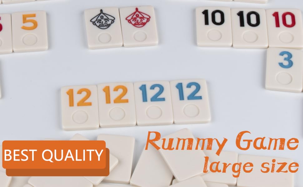 Large-size Rummy game tiles featuring numbers and joker symbols. White tiles with colorful numbers, marketed as 'Best Quality' for gameplay.
