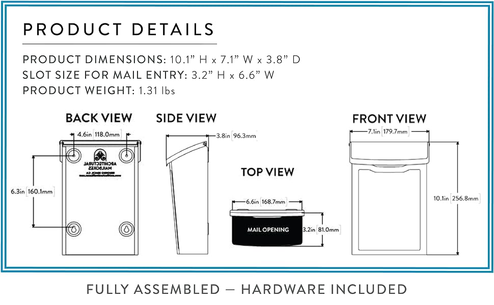 product details - dimensions - width - height -length - weight