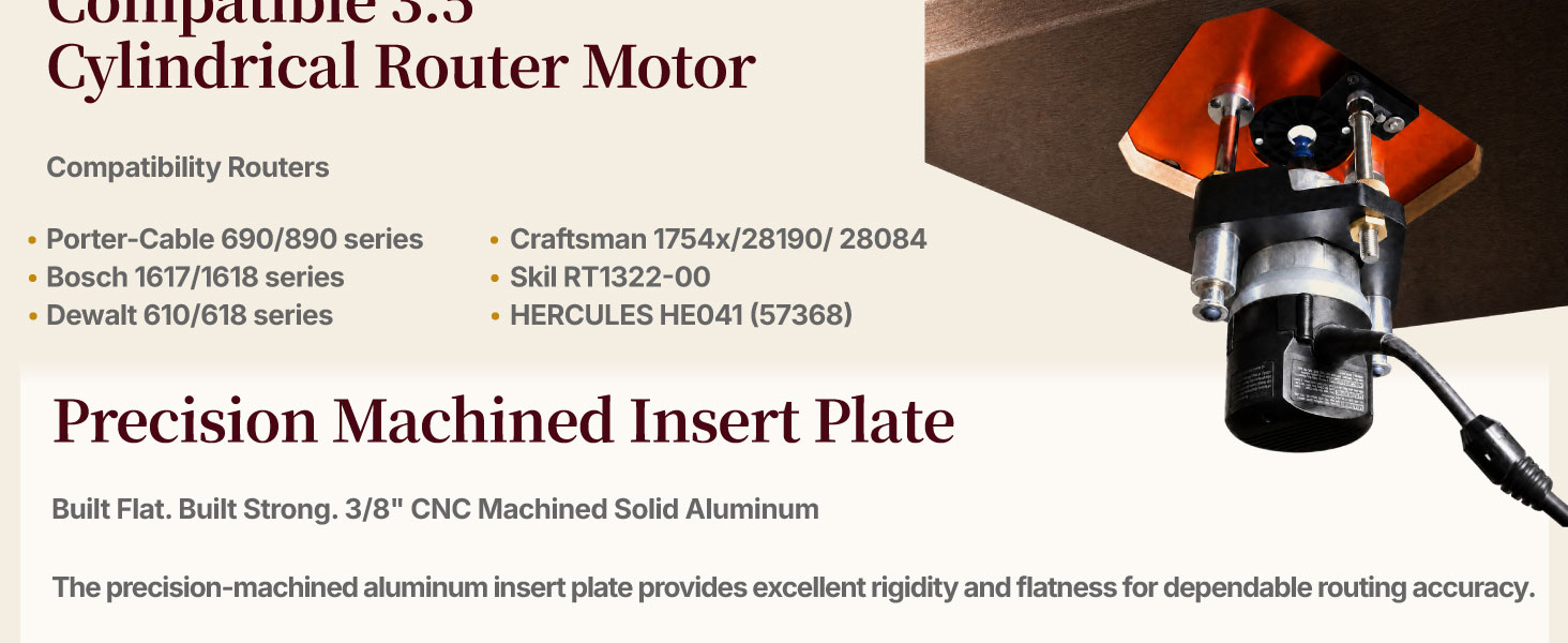 Close-up of the router lift height adjustment mechanism and aluminum insert plate