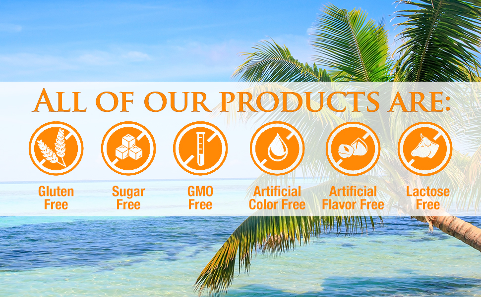 gluten free, sugar free, GMO free, artificial color free, artificial flavor free, and lactose free