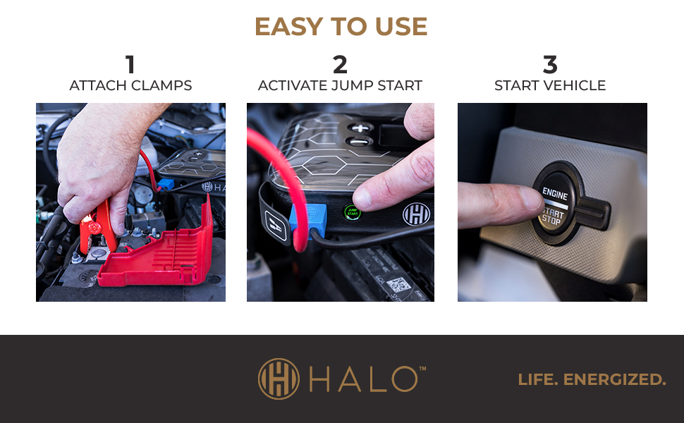 How-to: attach clamps to battery, activate jump start on device, then press engine start button