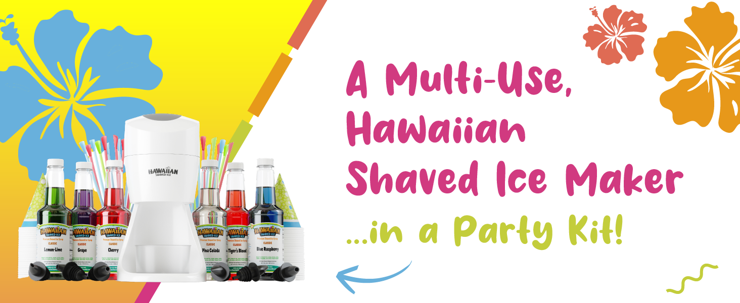 A multi-use hawaiian shaved ice maker in a party kit