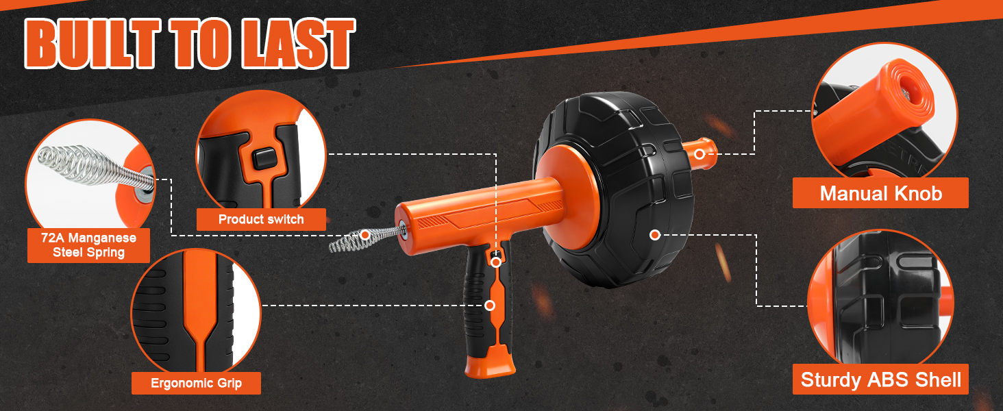Gpaentsn 45 FT Drain Snake Tools, Manual Or Powered Double Mode Auto Retract Drain Drain Auger