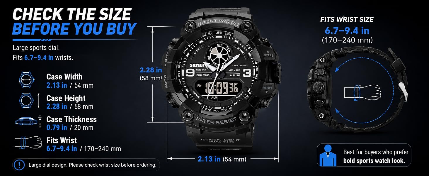 Mens Analog Digital Dual Display Sports Watches Military Multifunctional 50M Waterproof LED Watch