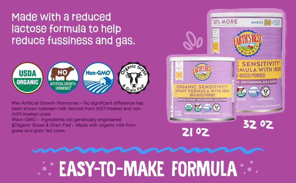 Easy to make formula made with reduced lactose to reduce fussiness &amp;amp; gas