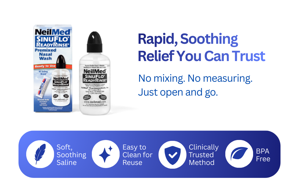 Relief from sinus pressure, nasal dryness, post nasal drip, congestion, stuffiness, and irritation