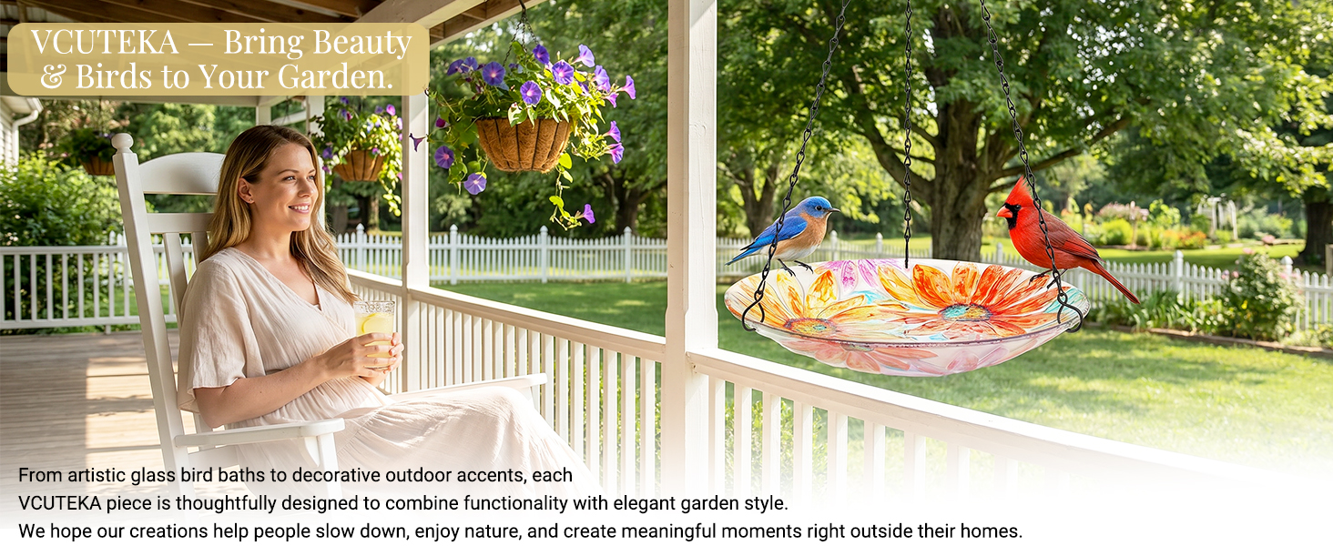 From artistic glass bird baths to decorative outdoor accents