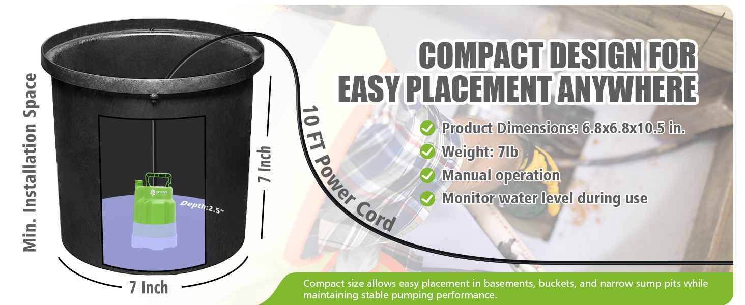 Compact sump pump for small space placement