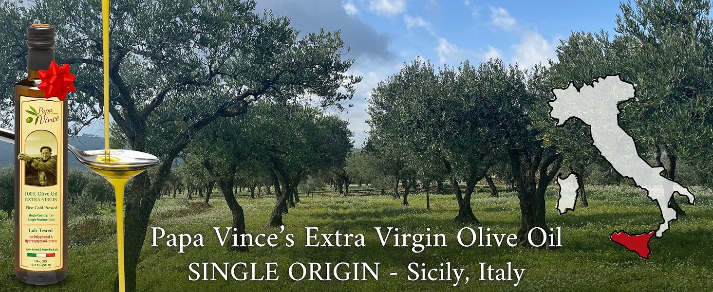 Single origin extra virgin olive oil made from Nocellara del Belice olives in Sicily, Italy