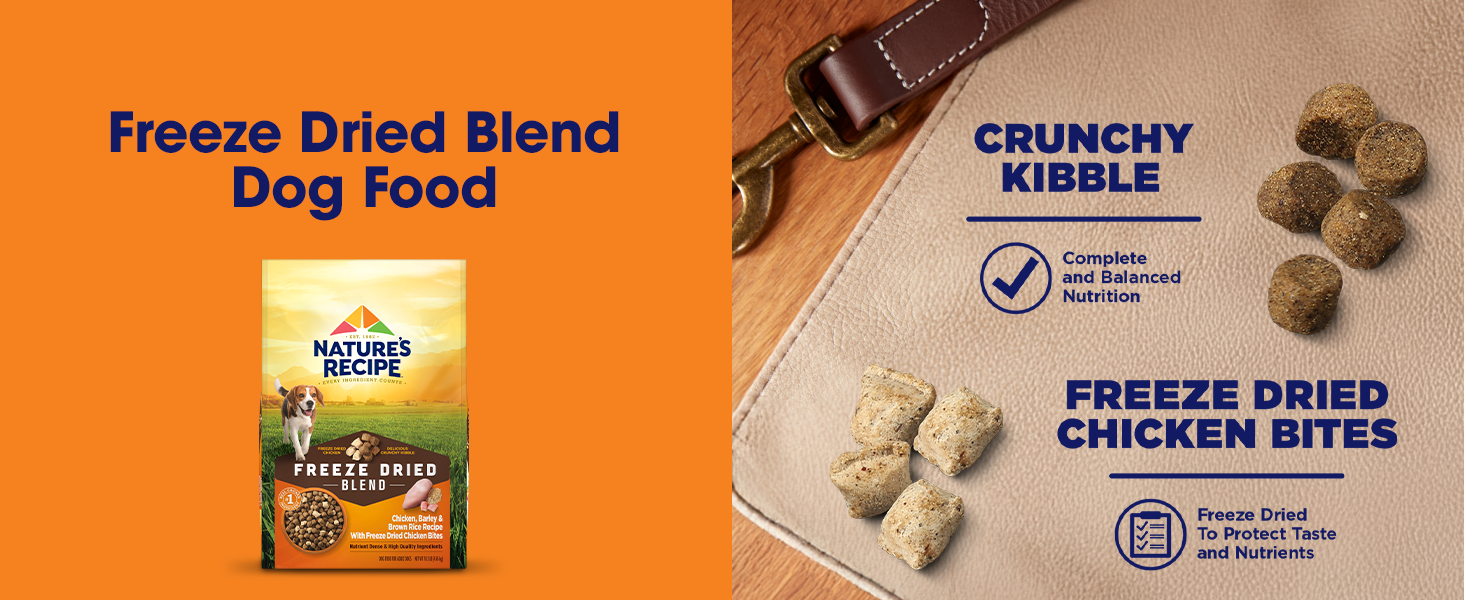 Freeze dried dog food with Nature's Recipe packaging on the left and the kibble on the right