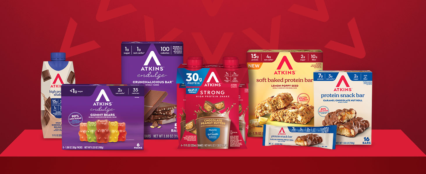 Image of variety of Atkins products on red background