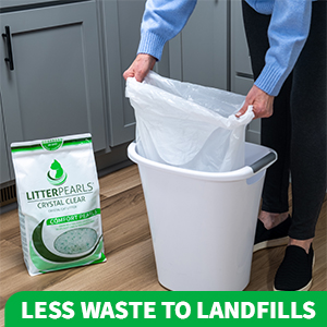 Person removing trash bag from trash receptacle, beside a bag of litter sitting on the floor