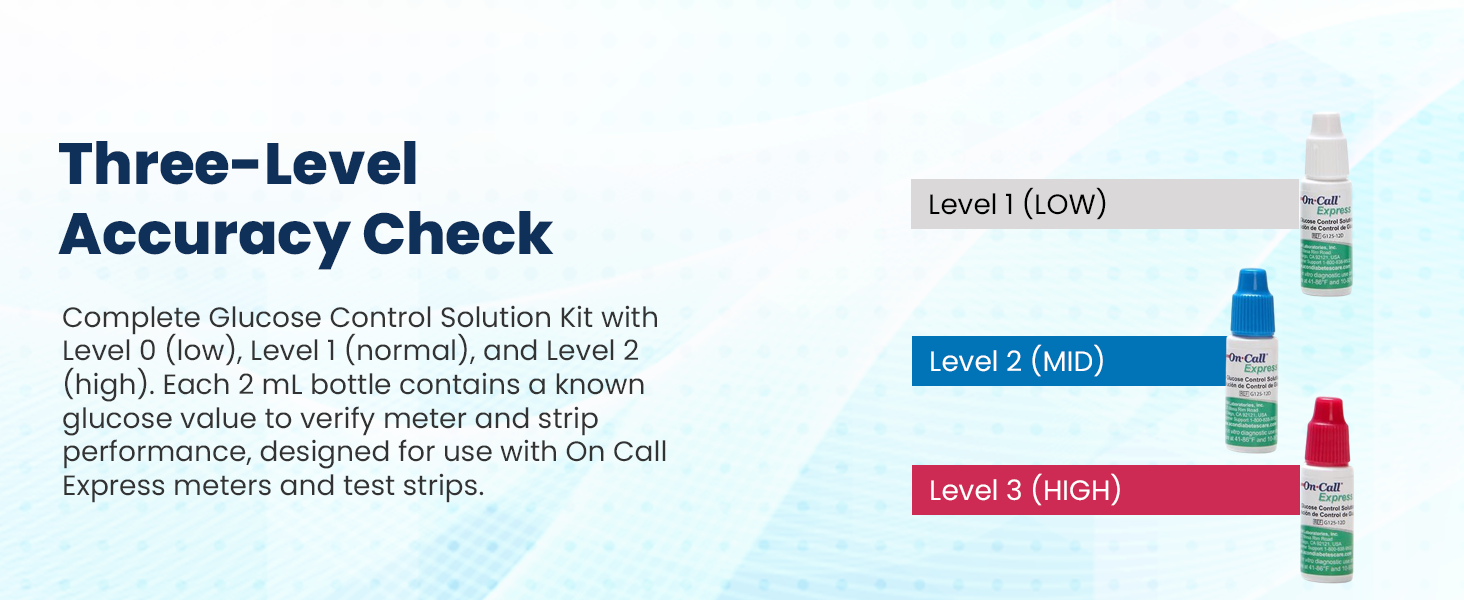 Three level glucose control solution 2 mL bottles for meter and test strip performance check