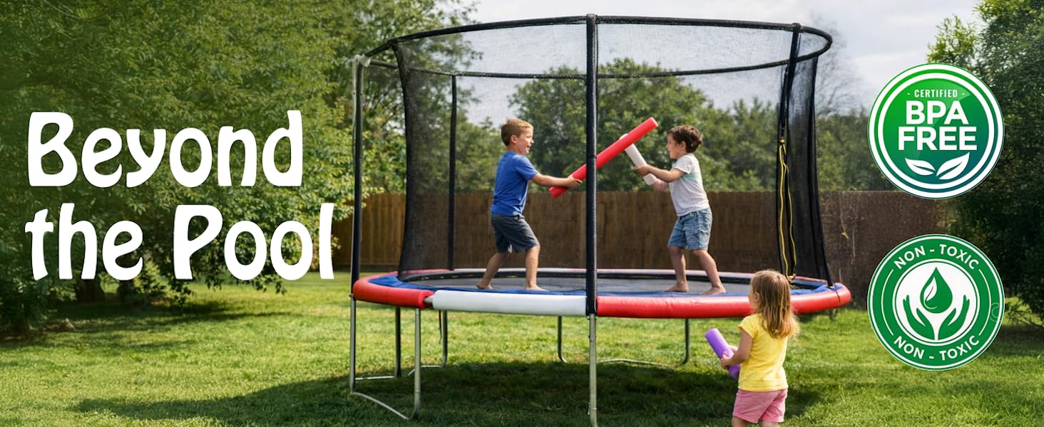 children on a trampoline playing with pool noodles