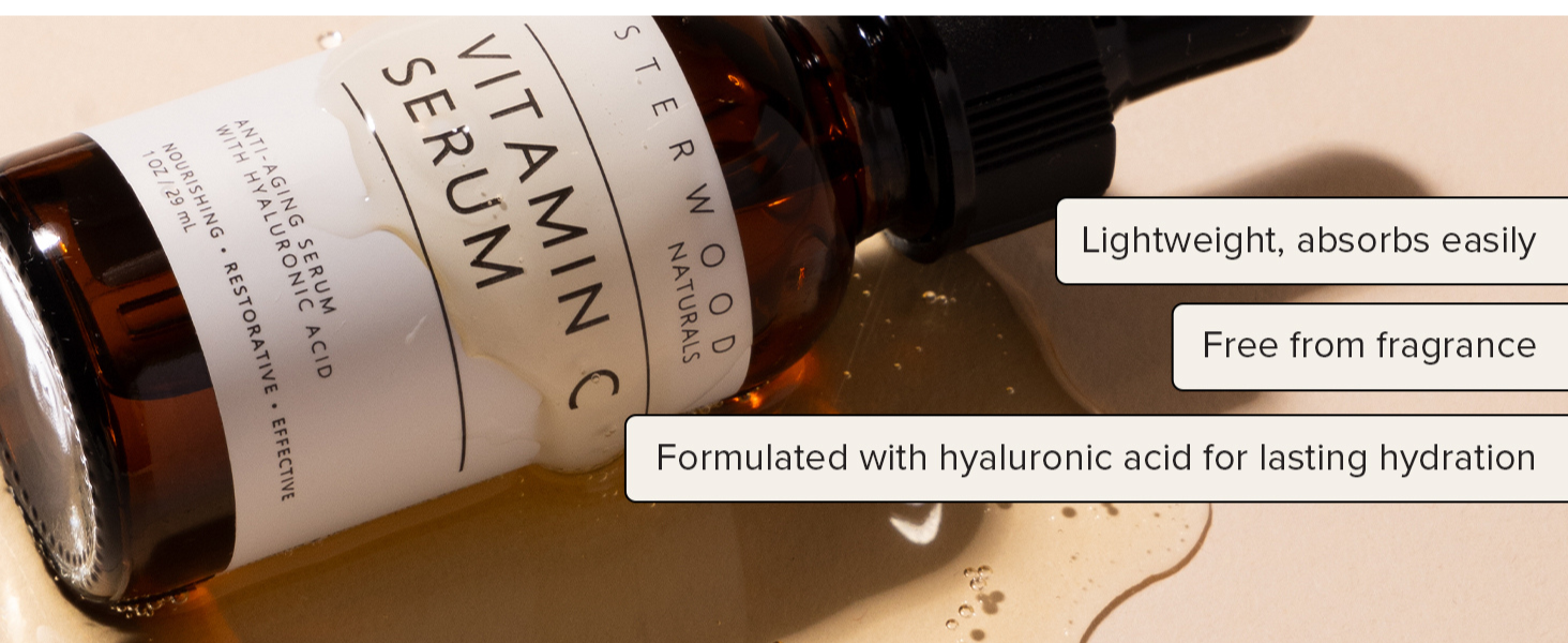 asterwood vitamin c lightweight, free from fragrance, formulated hyaluronic acid
