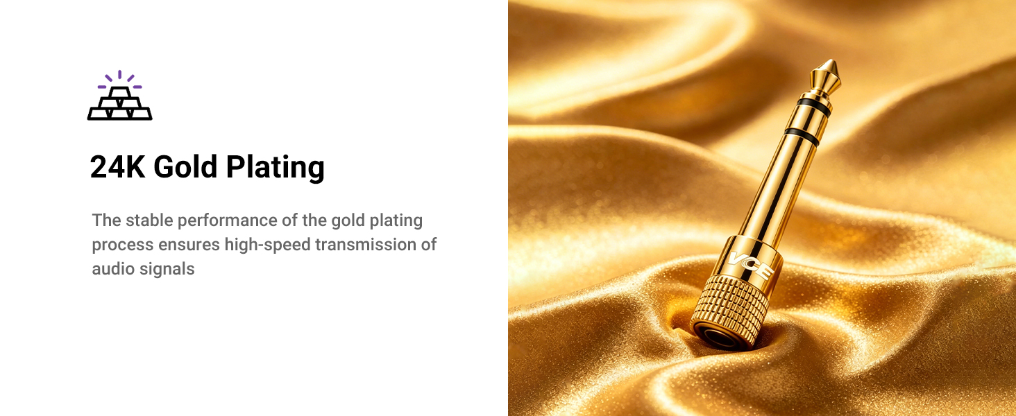 Gold-plated audio connector with pyramid icon.