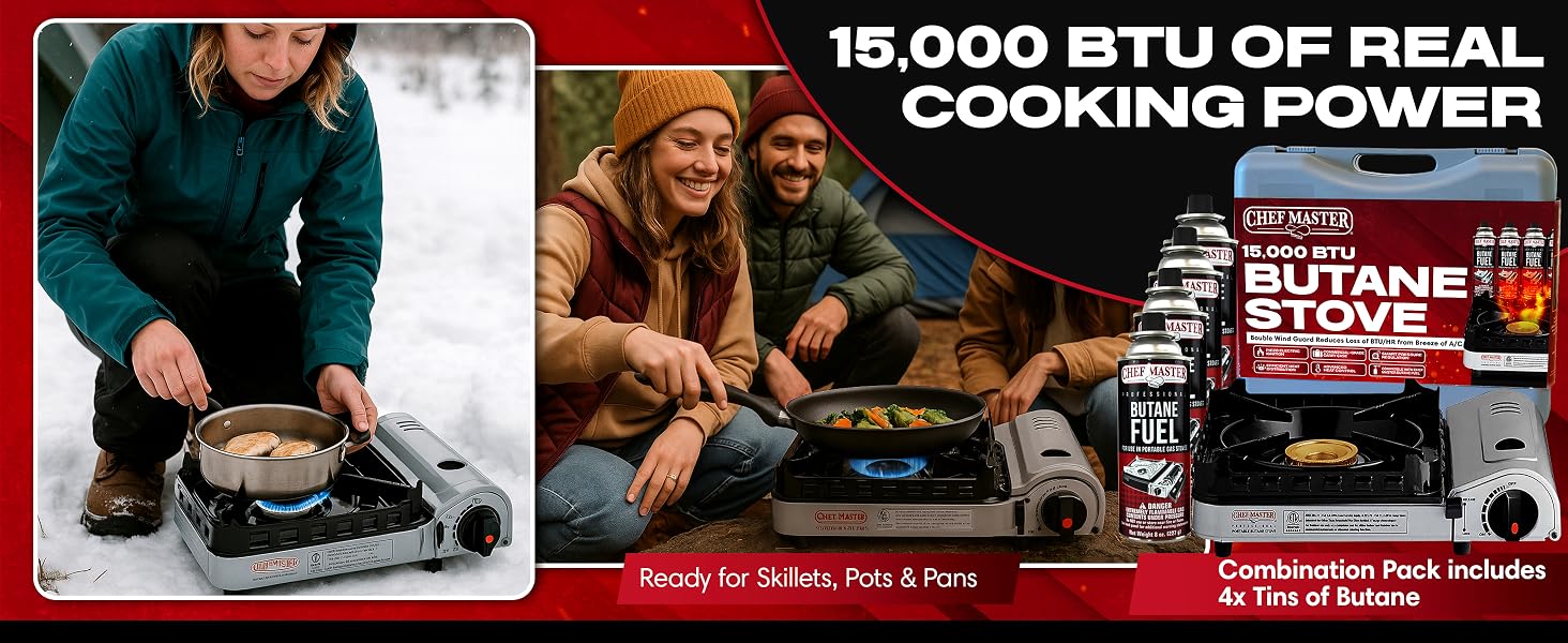 15,000 BTU Portable Butane Camping Stove COMBO with 4 x 8oz. Butane Fuel Canister