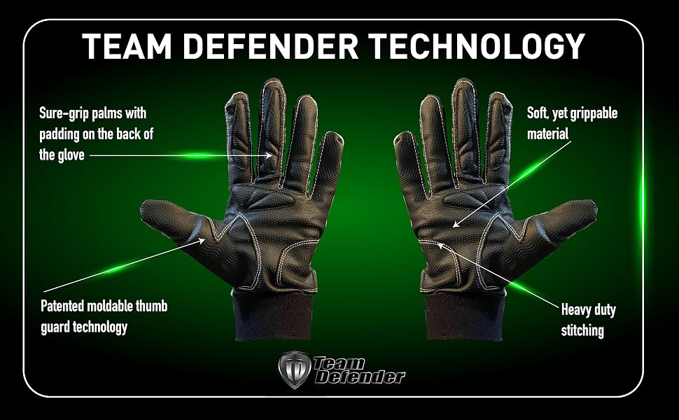 Team Defender Technology: Sure-grip palm, moldable thumb, grippable material, good stitching