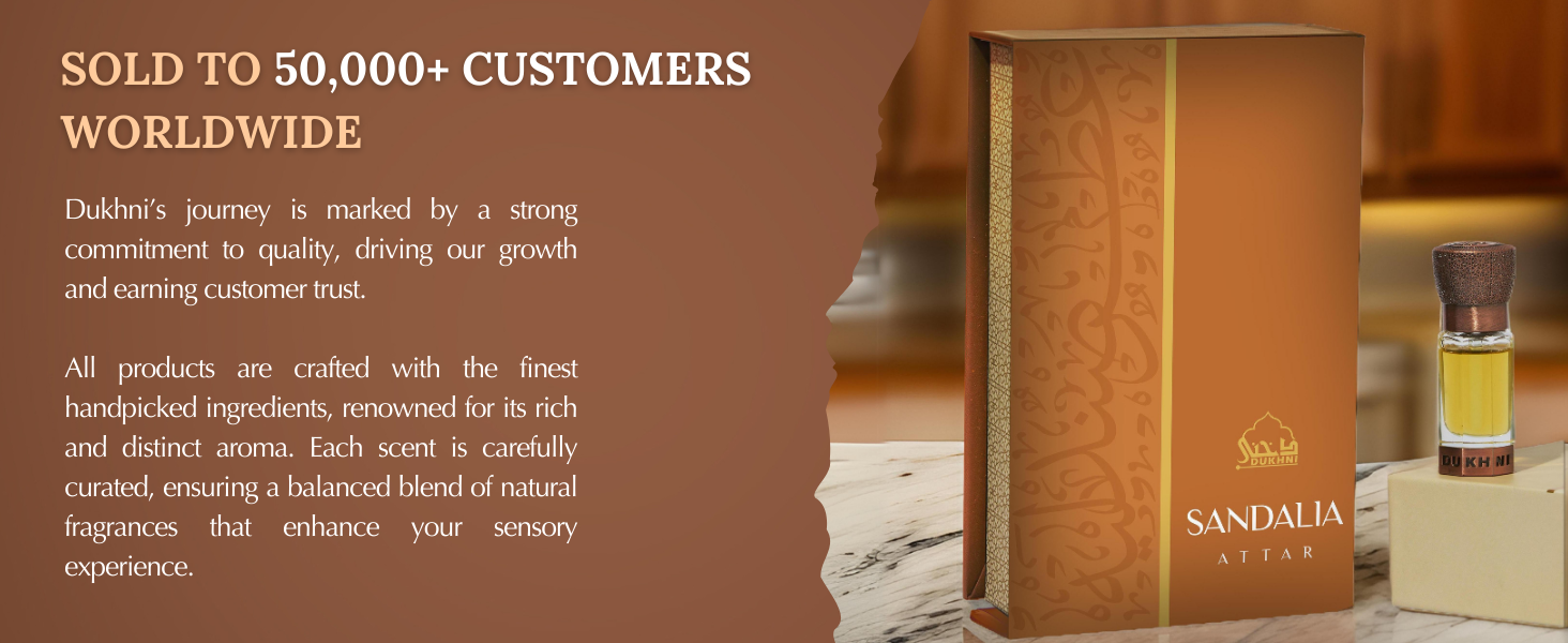 Advertisement for Sandalia perfume, highlighting its popularity with 50,000+ customers worldwide. A glass bottle of golden liquid is visible.