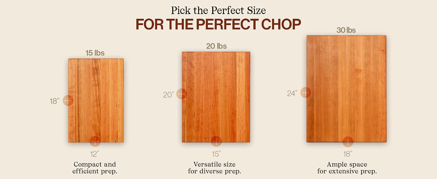 Three sizes of cherry cutting boards. Text Reads: Pick the Perfect Size for the Perfect Chop.