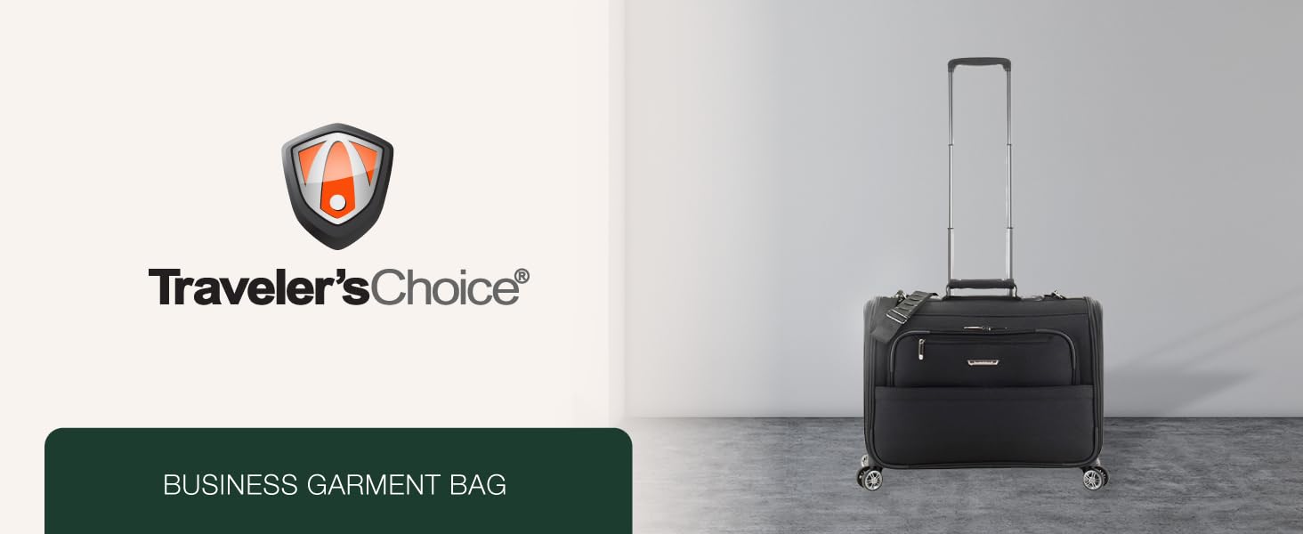 Image of business garment bag inside with text reading travelers choice.
