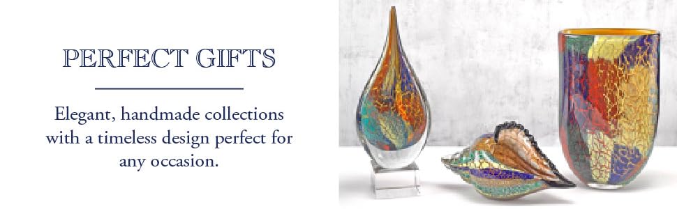 Text reads: Our handmade sculptures make perfect gifts. Image of three elegant crystal art pieces.