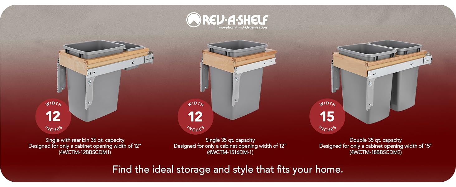 A selection of pullout trash bins over a red background. Text reads: Rev-A-Shelf.