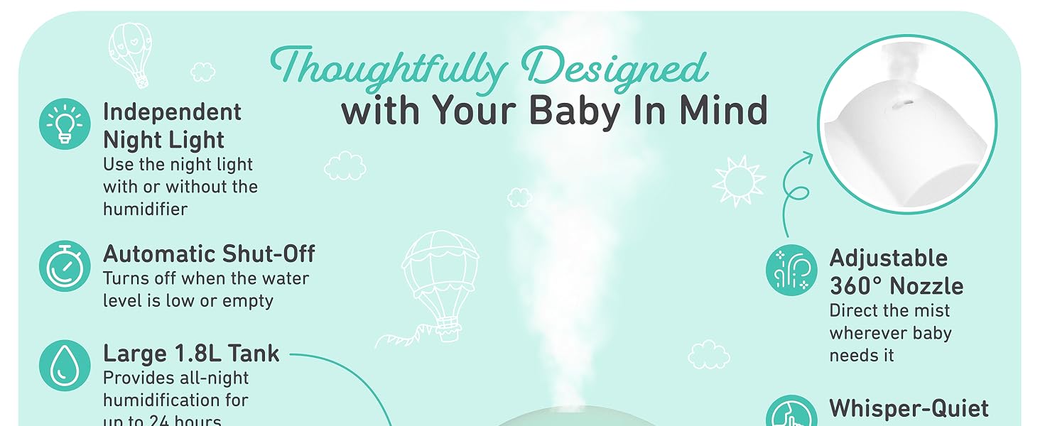 baby humidifier with independent nightlight auto shut off large water tank adjustable nozzle quiet
