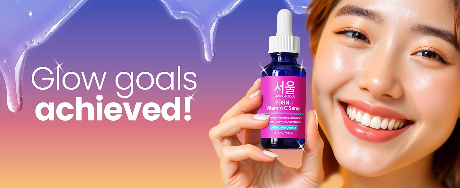 SeoulCeuticals PDRN Serum held by smiling K Beauty Skincare model with glow goals slogan