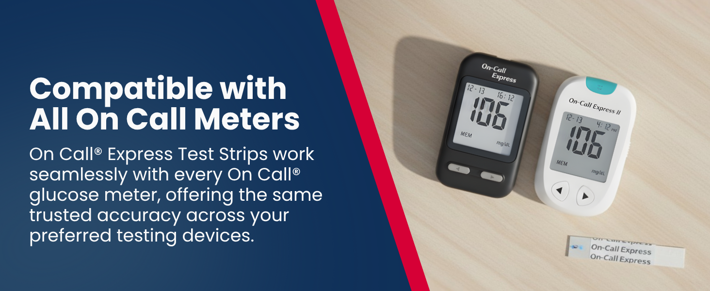 Glucose meter test strips compatible with all On Call blood glucose meters for reliable results