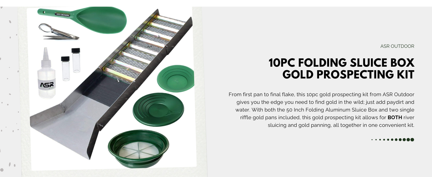 10pc gold prospecting kit with folding sluice box main image banner with text description