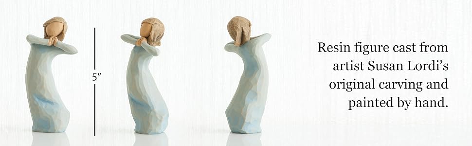 5”h hand-painted resin standing figure in blue dress, with arms raised up to face as if dancing.