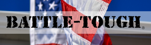 the battle tough american flag hanging in background with logo in front nylon
