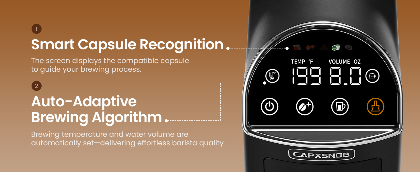 Sleek LED touchscreen of Magician2 Mini, showing smart capsule recognition for easy brewing