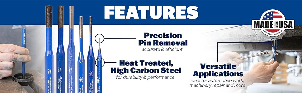 Feature graph showing precision pin removal, steel, and versatile applications such as automotive