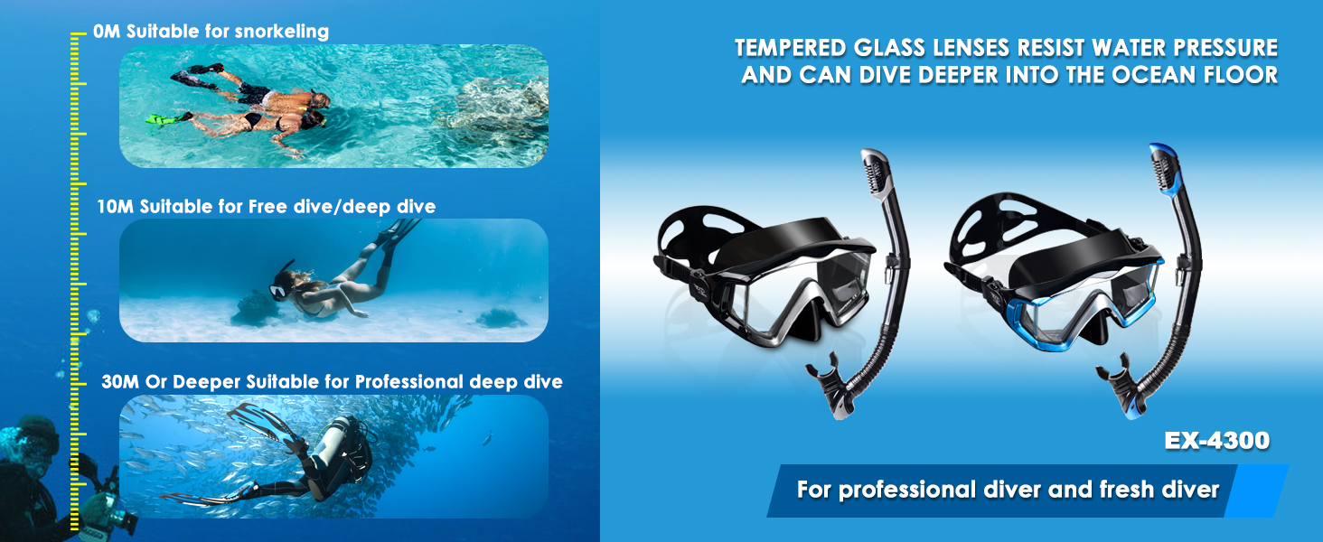 Snorkel Set Pano 3 Adult Snorkeling Gear Anti-Fog Snorkel Mask Dry Top Snorkel Scuba Diving Mask