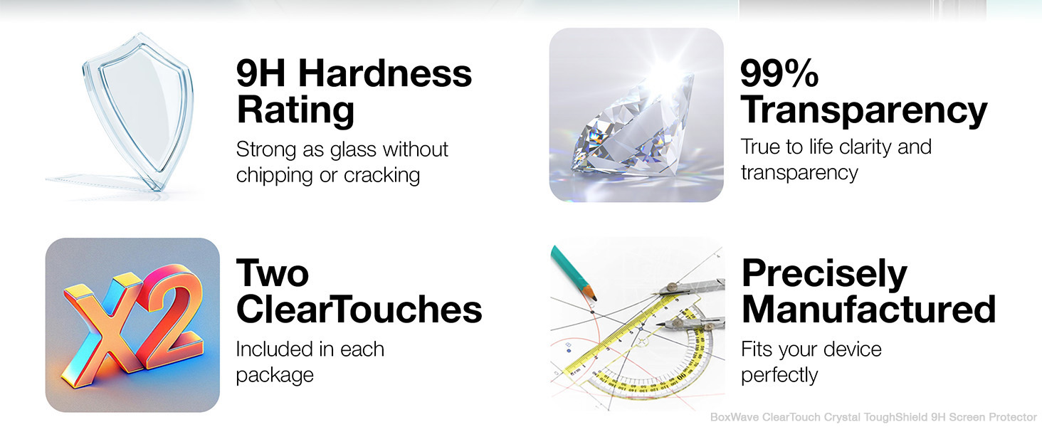 Features 9H Hardness Rating, Two ClearTouches, 99% Transparency, Precisely Manufacturered
