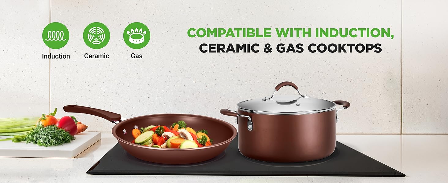 Brown cookware set compatible with induction, ceramic, and gas cooktops, versatile kitchen use