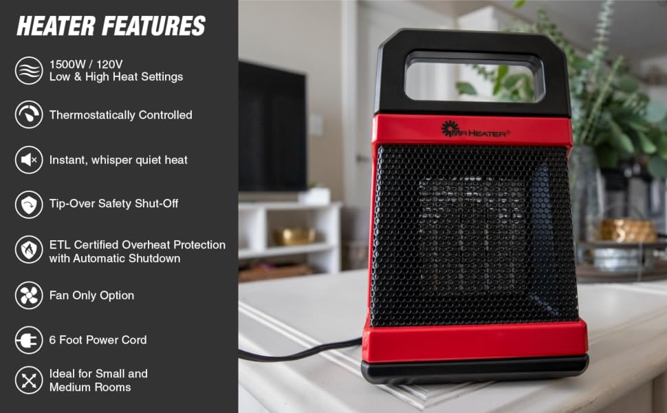 Electric Heater;1500 W;heat settings;quiet heater;tip over safety;ELT certified;small medium room