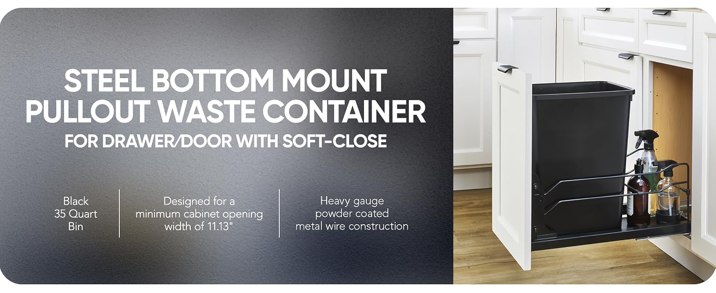 Single pullout waste container. Text Reads: Steel Bottom Mount Pullout Waste Containers.